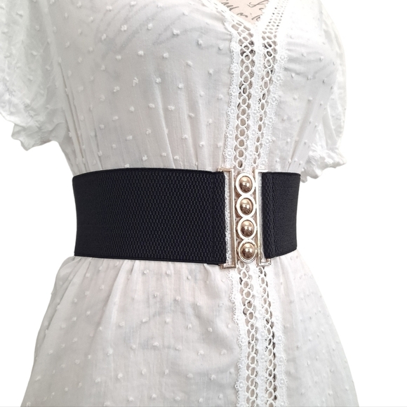 Ladies Black Extra wide waist Stretch corset elastic Belt Gold dots buckle belt - Picture 6 of 10